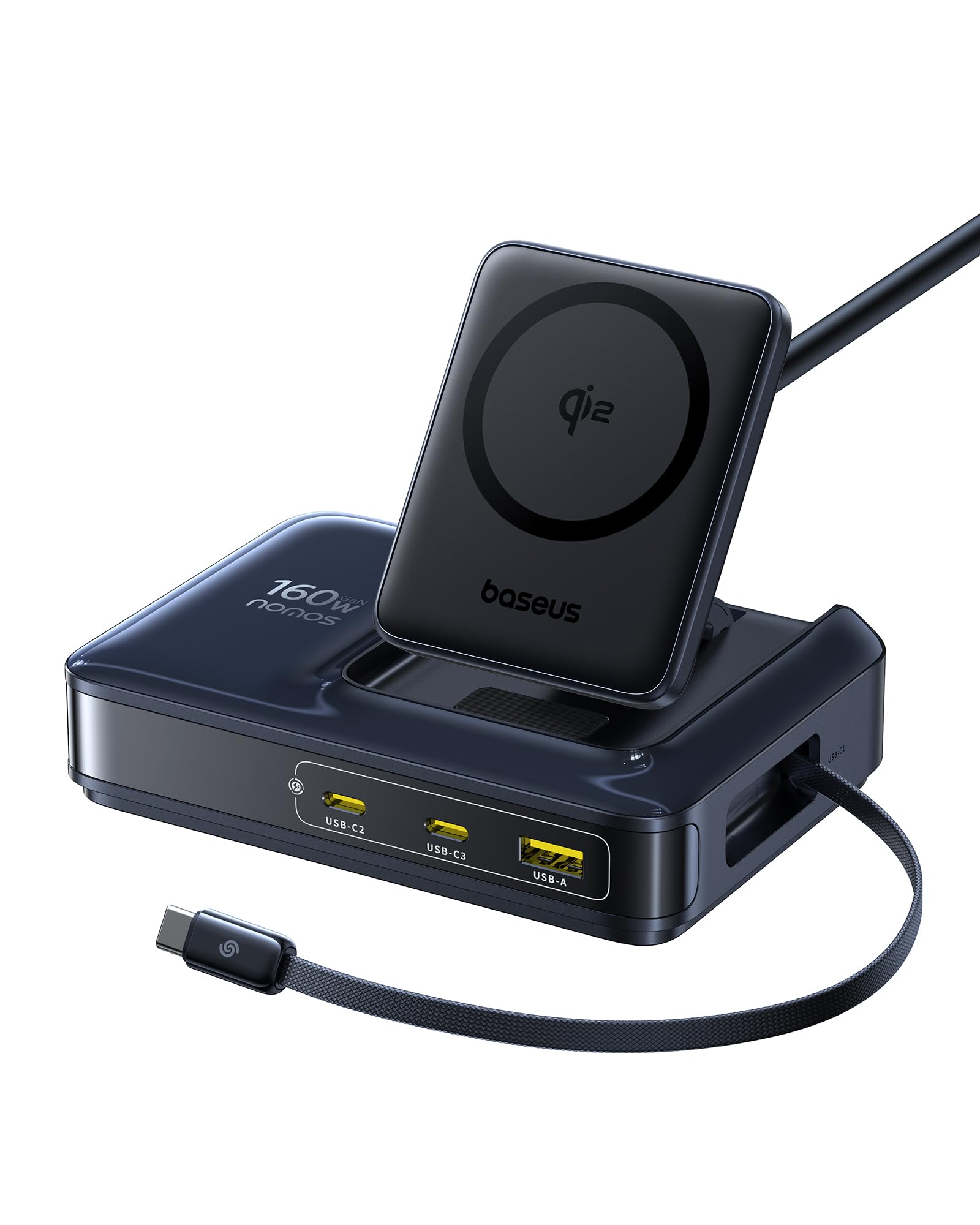 Baseus Cargador Inalámbrico5 en 1, Cargador USB C 160W con Qi2, Wireless Charger con Cable Retractil de 100W Compatible con Magsafe para iPhone 12-17, MacBook Pro/Air, iPad Pro y más