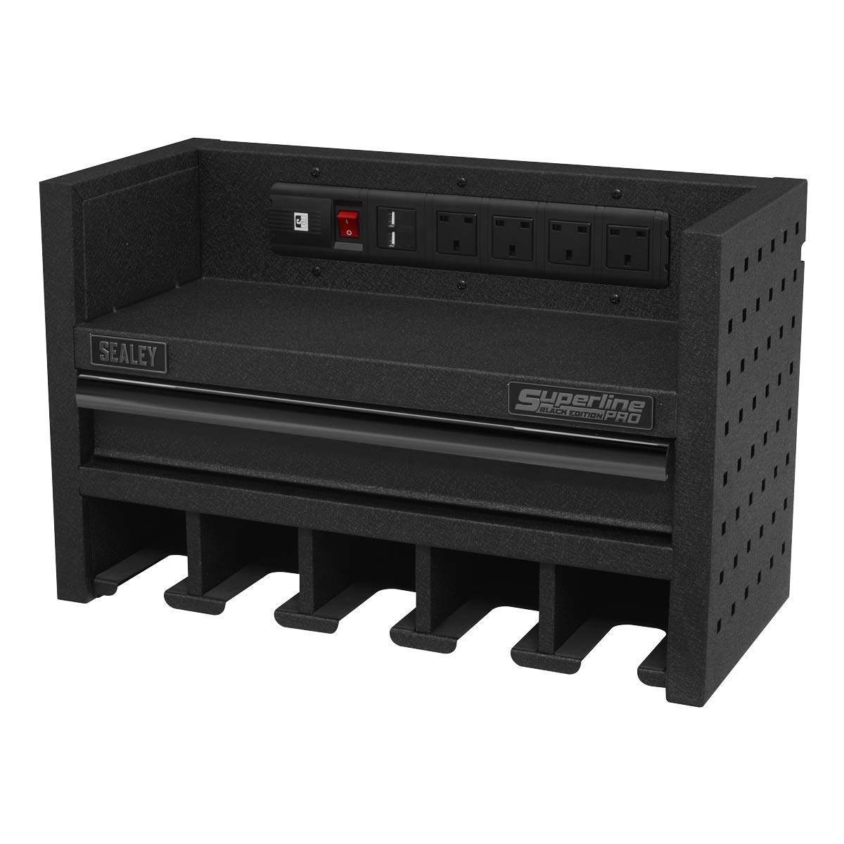 Sealey Black Ap22srbe 560Mm Power Tool Storage Rack With Drawer & Power Strip