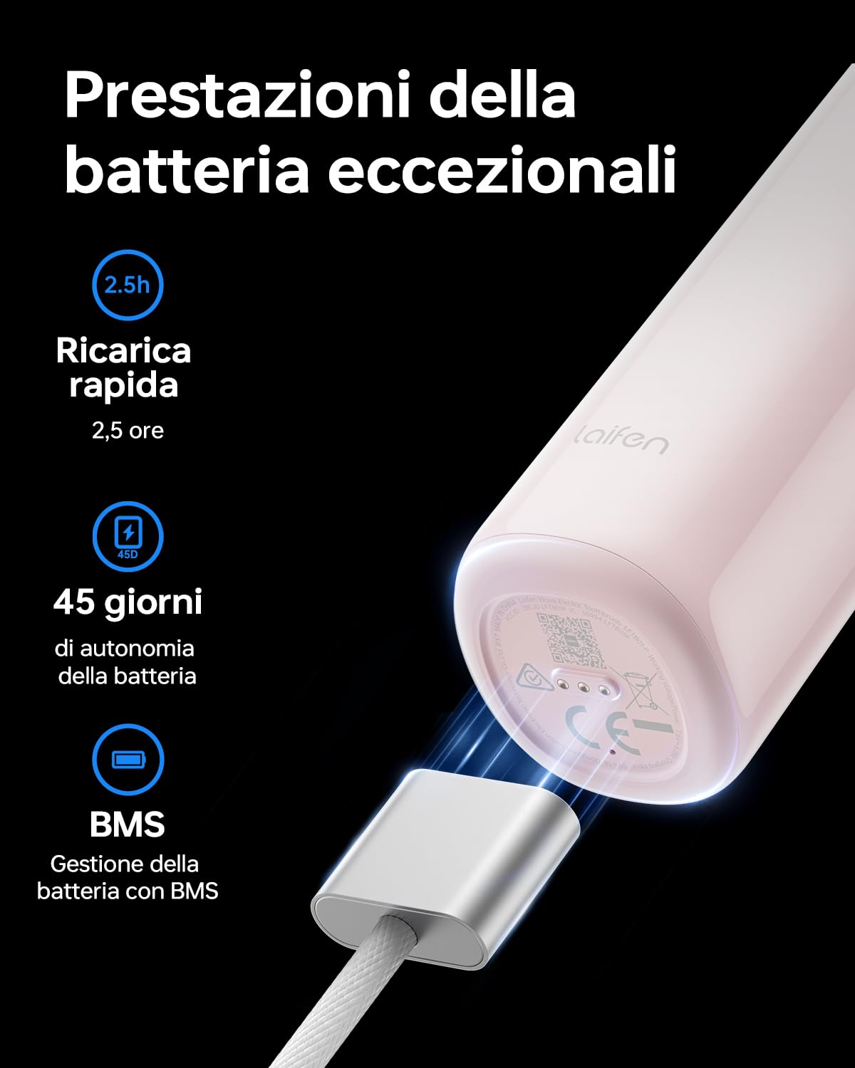 Laifen Wave Spazzolino elettrico, spazzolino elettrico sonico oscillante con 3 testine, spazzolino da viaggio magnetico ricaricabile impermeabile IPX7 (ABS Rosa)