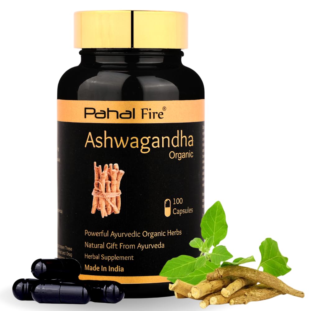 Ashwagandha Organic Herbal Supplement 500mg pr Serving 100 Capsule 50 Days Supply Stress Relief Energy Support Wild harvested in India with Lab Test Report GlutenFree