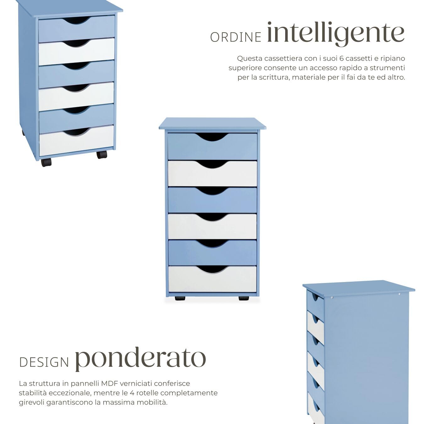 tectake® Cassettiera Ufficio con Ruote 65x36x40cm, Cassettiera Scrivania, Mobiletto salvaspazio 6 Cassetti, Organizer cancelleria, Cassetti Scrivania, Mobiletto con Ruote per Ufficio, Studio - Blu