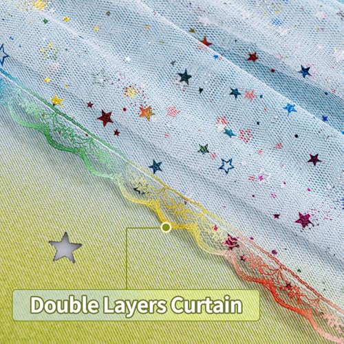 Image of 52x95 Mix & Match Double Layer Laser-Cut Stars Gradient Blackout Curtains with Foil Print Sheer, 2 Panels Set - Green Yellow Blue