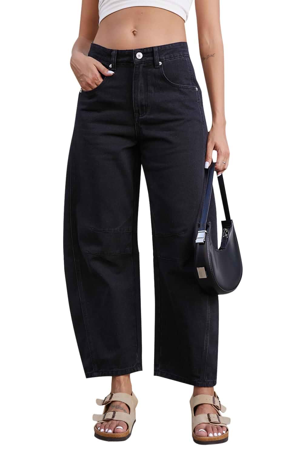 GREAIDEA Barrel Jeans for Women Mid Rise Stretchy Baggy Denim Ankle Pants Barrel Leg Cut, Mid Waist, 26''Inseam, Wide Leg,Tapered,Trendy Crop Boyfriend Jeans,Relaxed Fit,For Daily Wear,Dressy Casual
