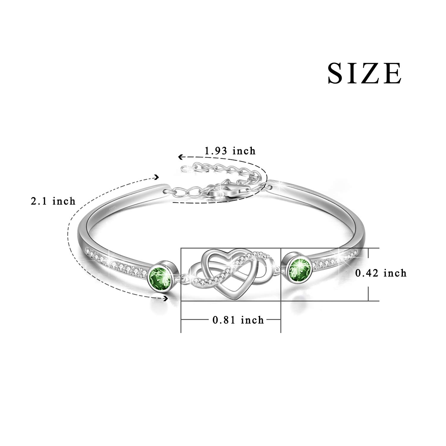AOBOCO Braccialetto Infinity Bracciale d'argento Sterling Ladies Love Infinity segno Bangle, Compleanno Amicizia Matrimonio Anniversario Regali per la fidanzata Madre (Simulato Peridot)