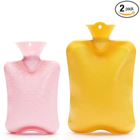 BABULE Hot Water Bottles 2 Pack Classic Rubber Hot Water Bottles for 2 Different Sizes, 2 Liter/1 Liter to Keep Warm in Winter, Suitable for Christmas/Birthday Gift Hot Water Bag/Geel