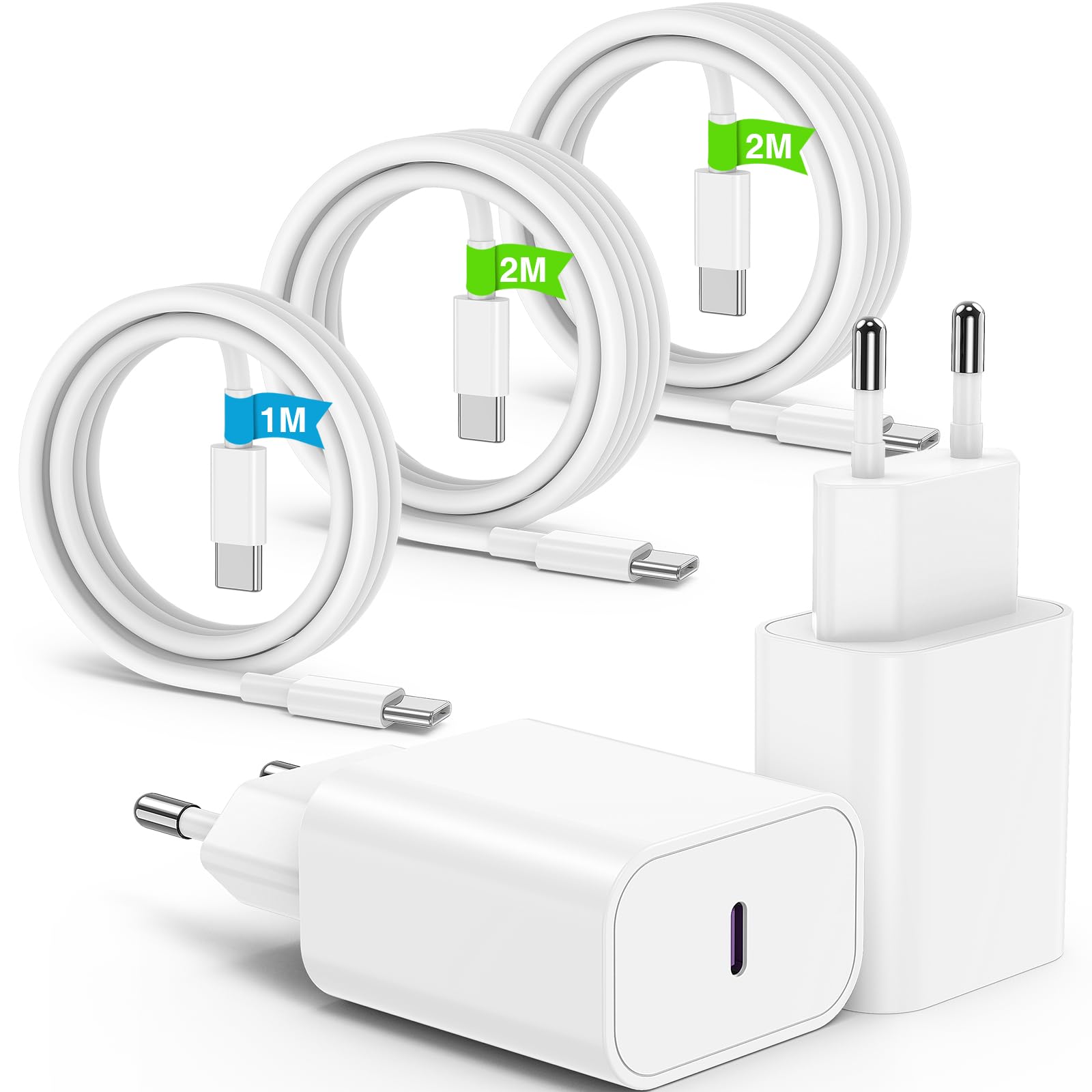 2Pack USB C Ladegerät für iPhone 17E/16 15 17 Pro Max/17 16 15 Pro/16 15 Plus/17 Air/17 16 15, 20W USBC Schnellladegerät Power Adapter für iPad Pro/Air, iPhone 17/16/15 USB-C Schnellladekabel 1M+2M+2M