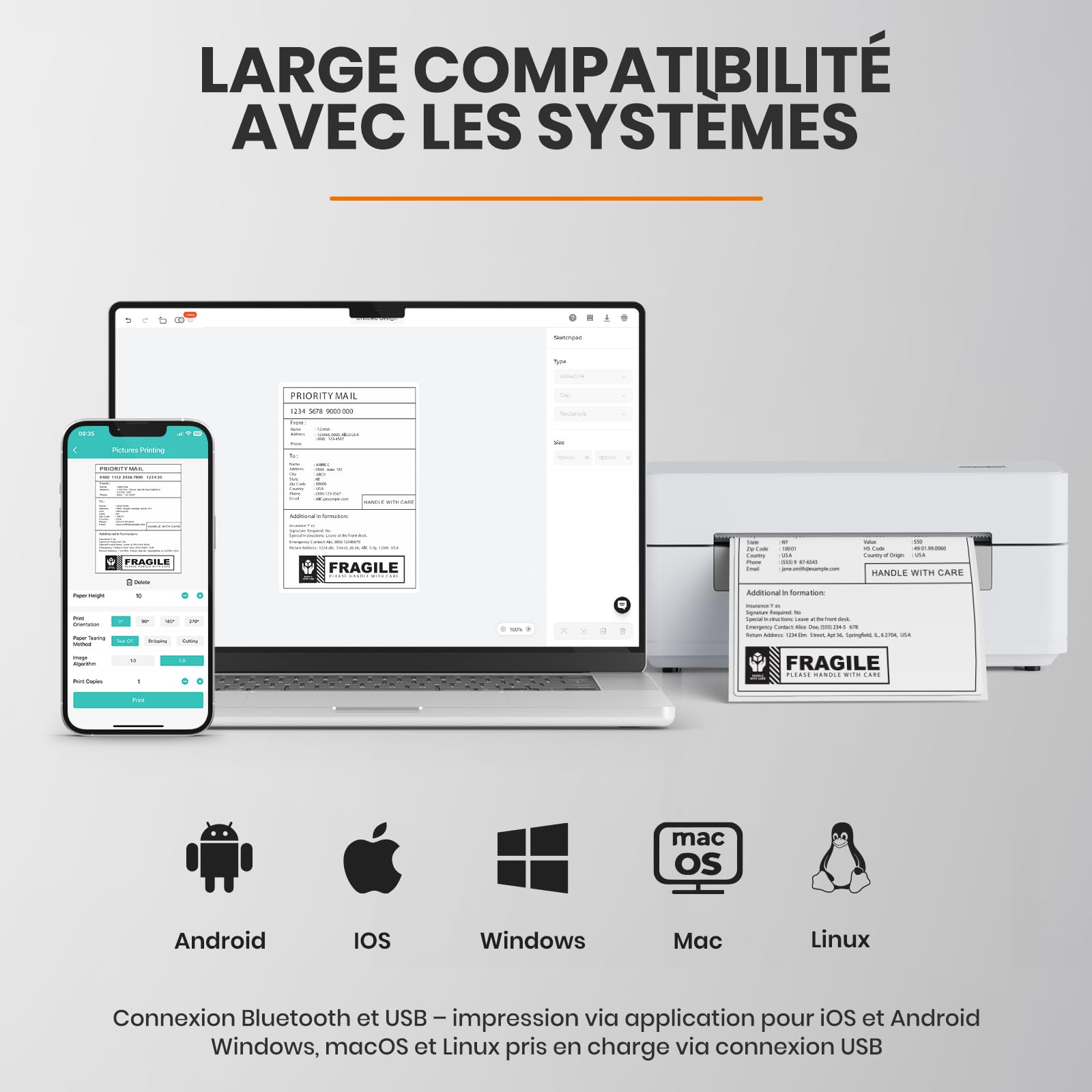 DHL Imprimante d'étiquettes Bluetooth 4 x 6 étiquettes d'expédition Imprimante thermique pour Shopify Ebay Etsy DPD UPS Code-barres Compatible avec iOS, Android, Windows, Mac, Linux