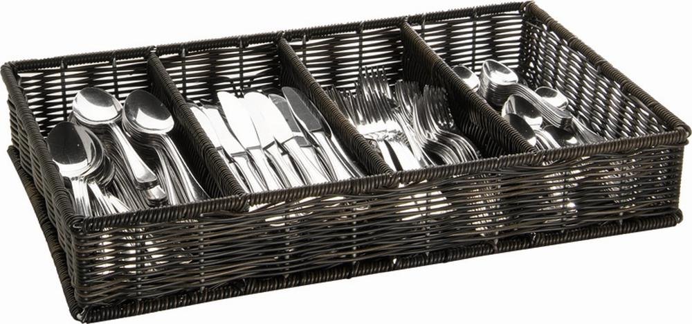 APS 11966 Besteckbehälter GN 1/1, 53 x 32,5 cm, Höhe 9 cm, Polypropylen, schwarz/braun, 4 Mulden, in Handarbeit geflochten