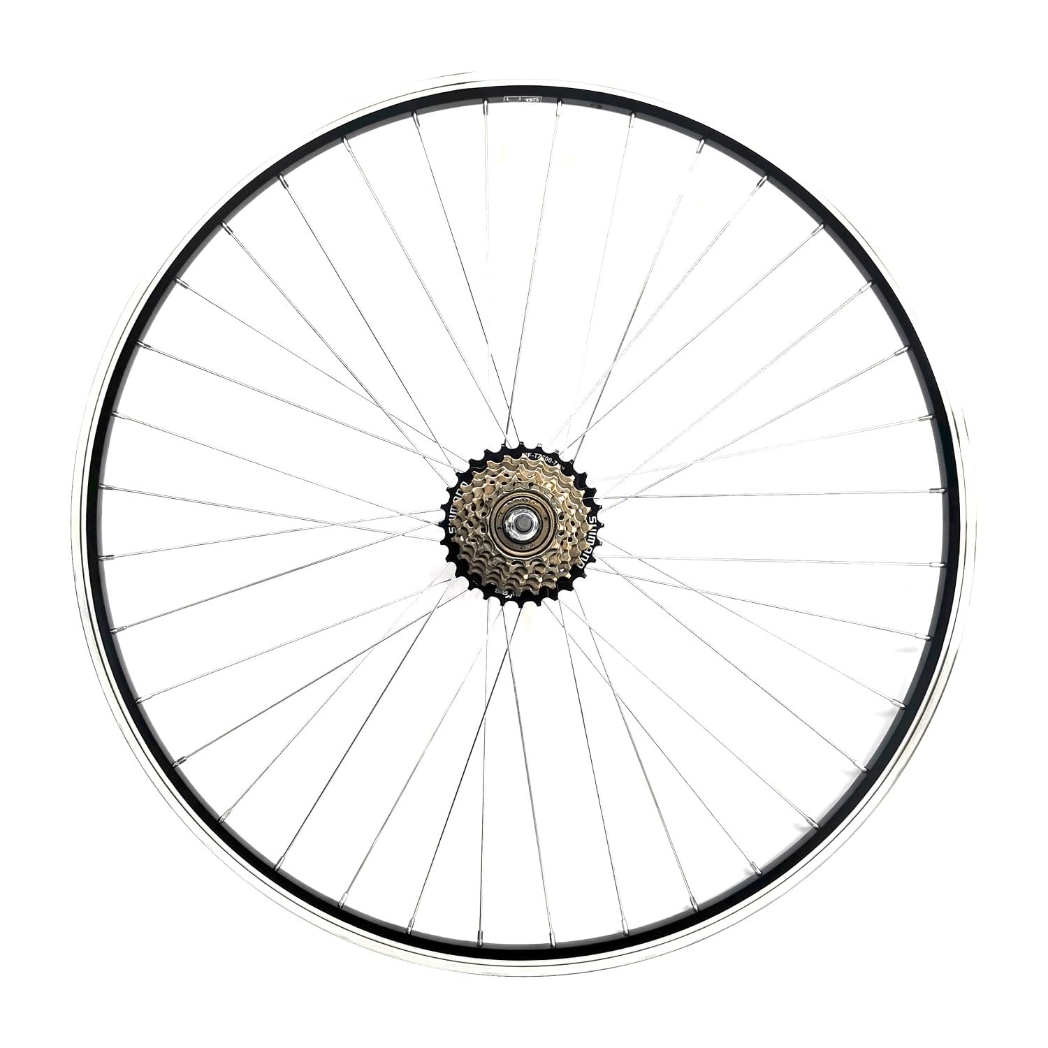 28 Zoll Hinterrad, Aluminium Hohlkammerfelge Geöst 36 Speichen, 7-Fach Schraubkranz 14-28 Zähne, mit Z7 Kette 114 Glieder, Schwarz-Silber