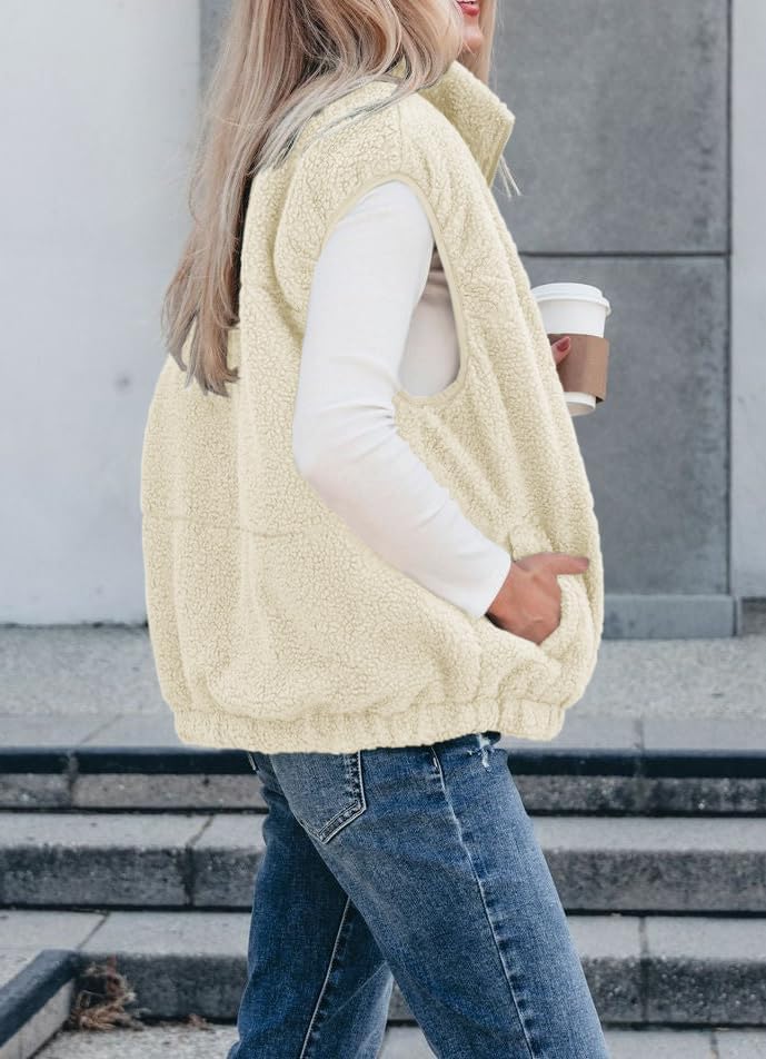 Women's Oversized Sherpa Vest Casual Warm Fleece Fuzzy Jackets Sleeveless Zip Up Cozy Vests Outerwear with Pockets - Image 4