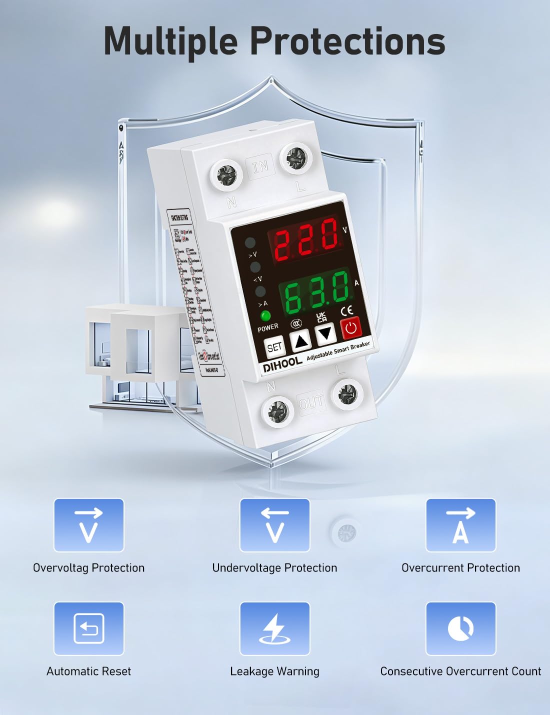 DIHOOL Smart Circuit Breaker with Adjustable Voltage Protection, 70-200V Low and 140-300V High Cutoff, 1-63A Overcurrent Protector, AC Disconnect Switch, DIN Rail Mount - Image 5