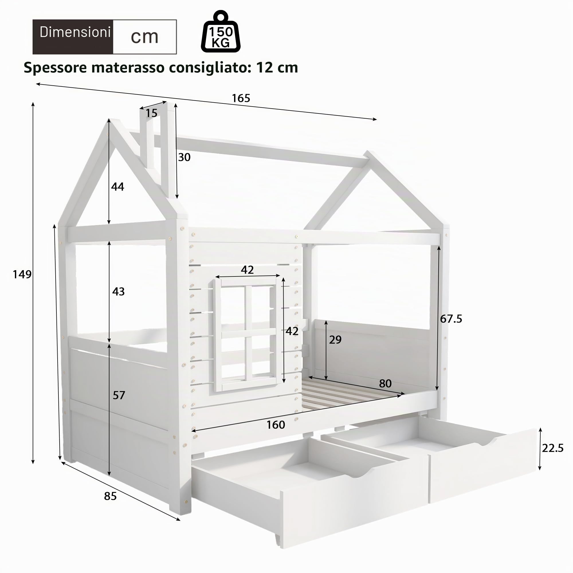 Lettino per bambini, 80 x 160 cm (dimensioni interne), con protezione anti-caduta versatile, in legno, per ragazzi e ragazze, in legno massiccio, per bambini, colore: bianco