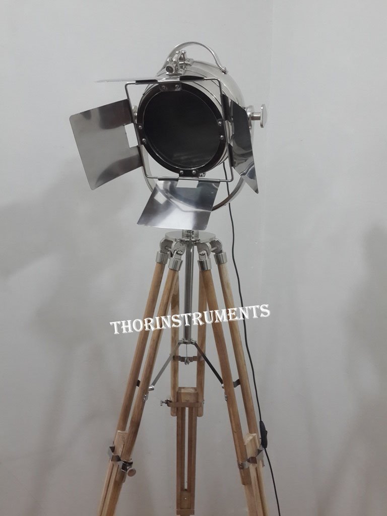 THOR INSTRUMENTS Studio Chrome Spot Light Searchlight with Teak Wood Three Fold Tripod Stand Rustic Vintage Home Decor Gifts