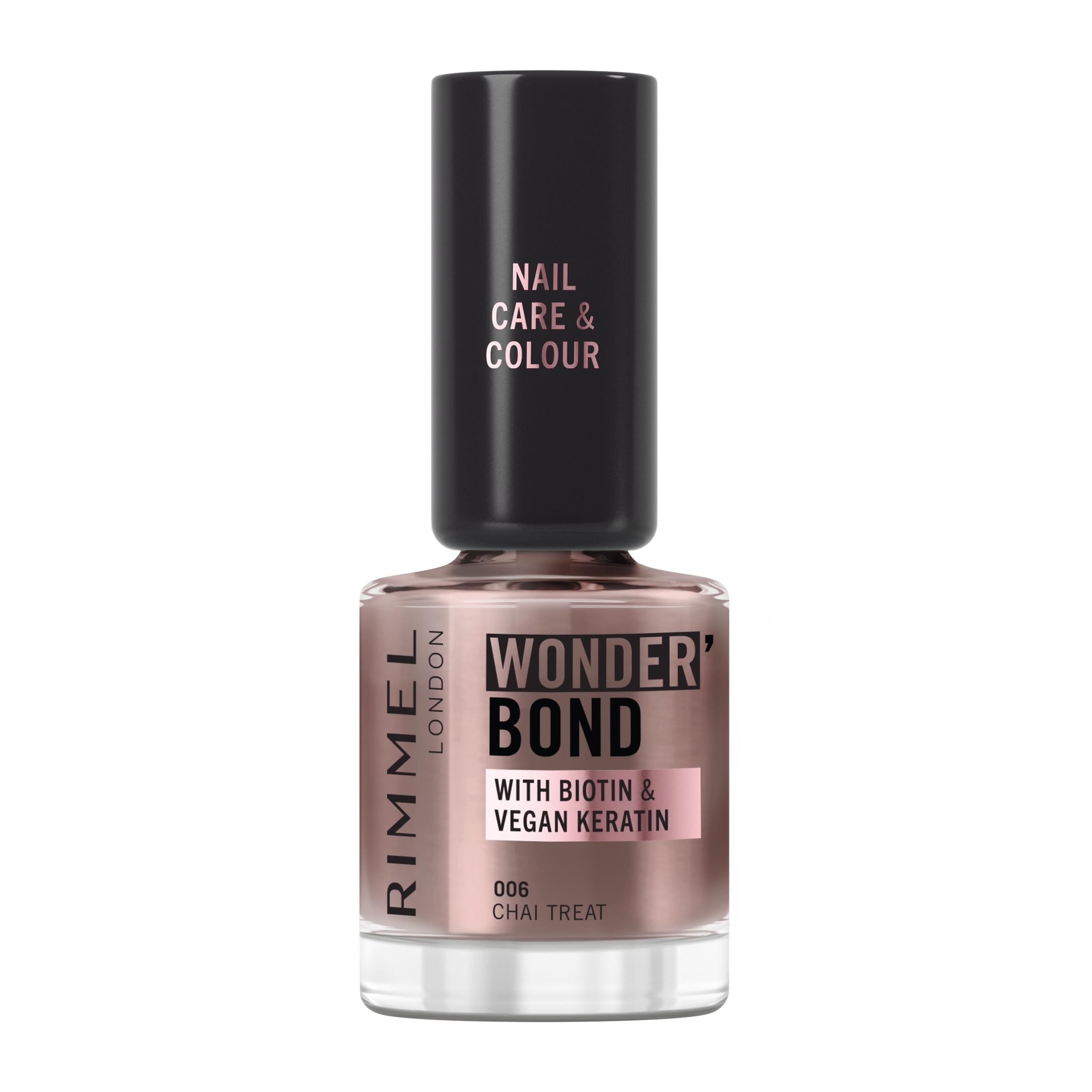 Rimmel Wonder'Bond Care + Colour Nail Polish, 006 Chai Treat, Restores & Strengthens Nails, Infused with Biotin & Vegan Keratin, Chip-Resistant, Glossy Finish, Buildable, 12ml