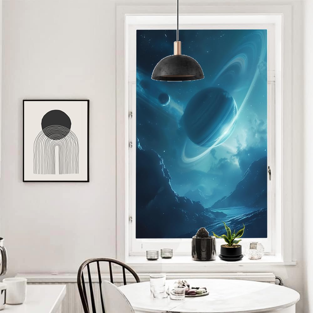 Retro Space Sichtschutzfolie für Fenster, statisch haftend, rustikale Planeten, Landschaft, Milchglas, Wärmeregulierung, Abdeckungen für Badezimmer, Wohnzimmer, 90 x 160 cm
