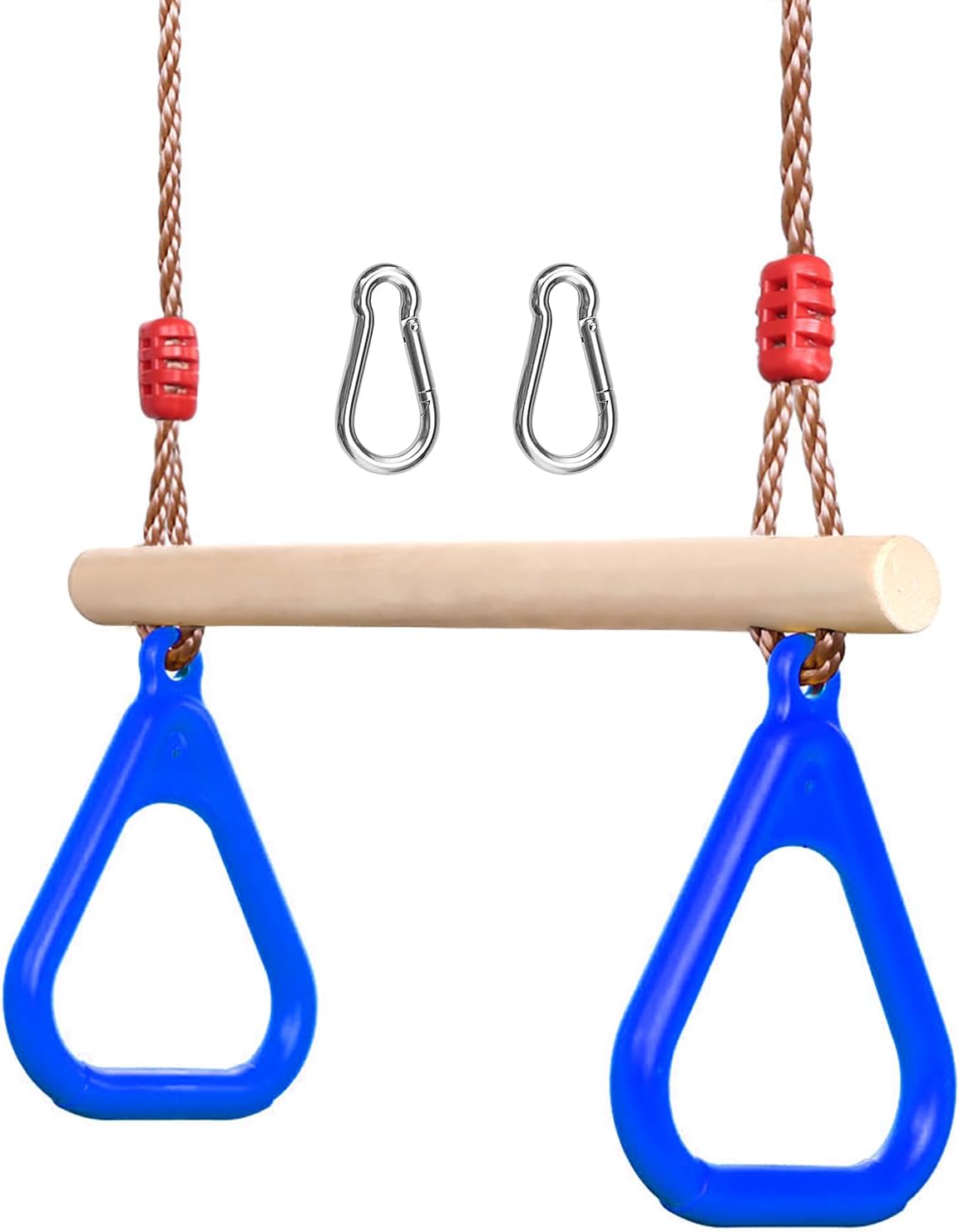 PELLOR Playground Children's Wooden Trapeze Swing Bar with Plastic Gym Rings Swing Set for Indoor & Outdoor Fun