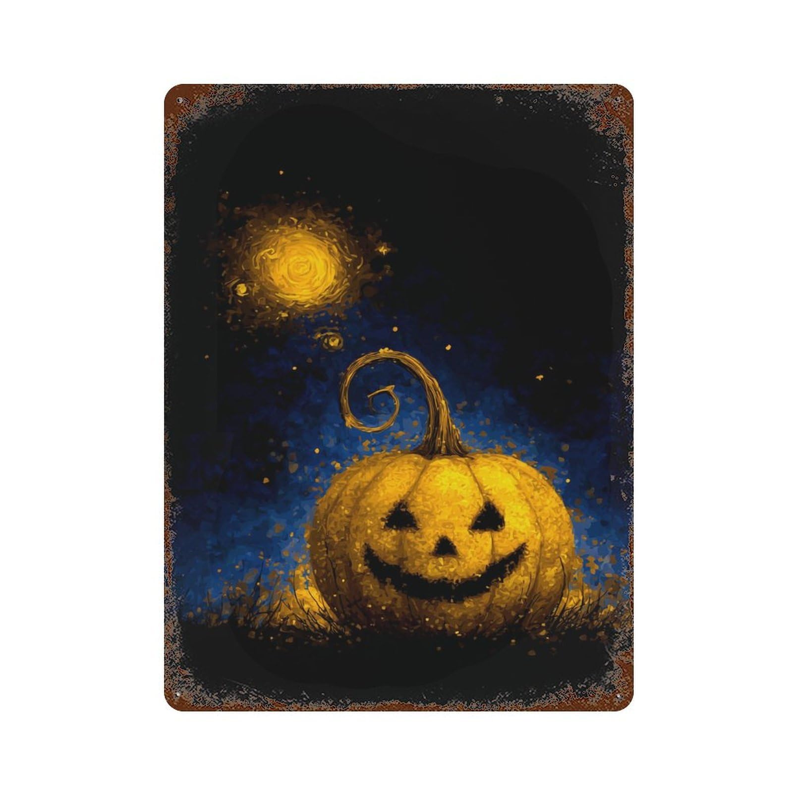 Halloween Pumpkin Night Scene Rust Effect Tin Sign 15.7"x11.8", Vintage Wall Decor for Garage, Pub Or Kitchen