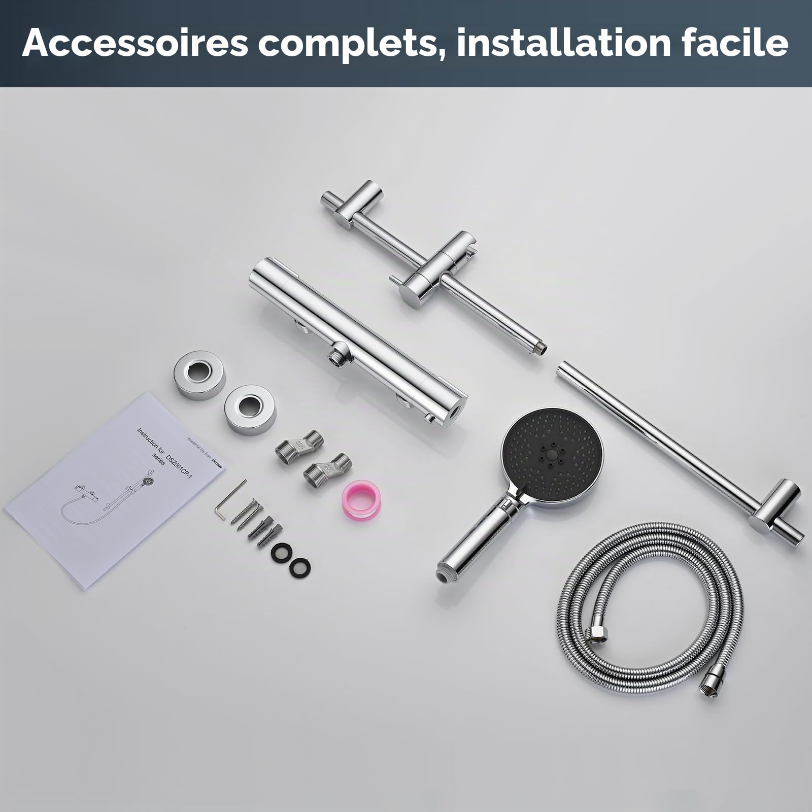 Mitigeur Thermostatique DETBOM pour Douche avec Sécurité Anti-brûlure 38 °C, Barre inox 70 cm, Pomme 3 Jets, Flexible 1,5 m et Support Réglable – Ensemble Complet Chrome
