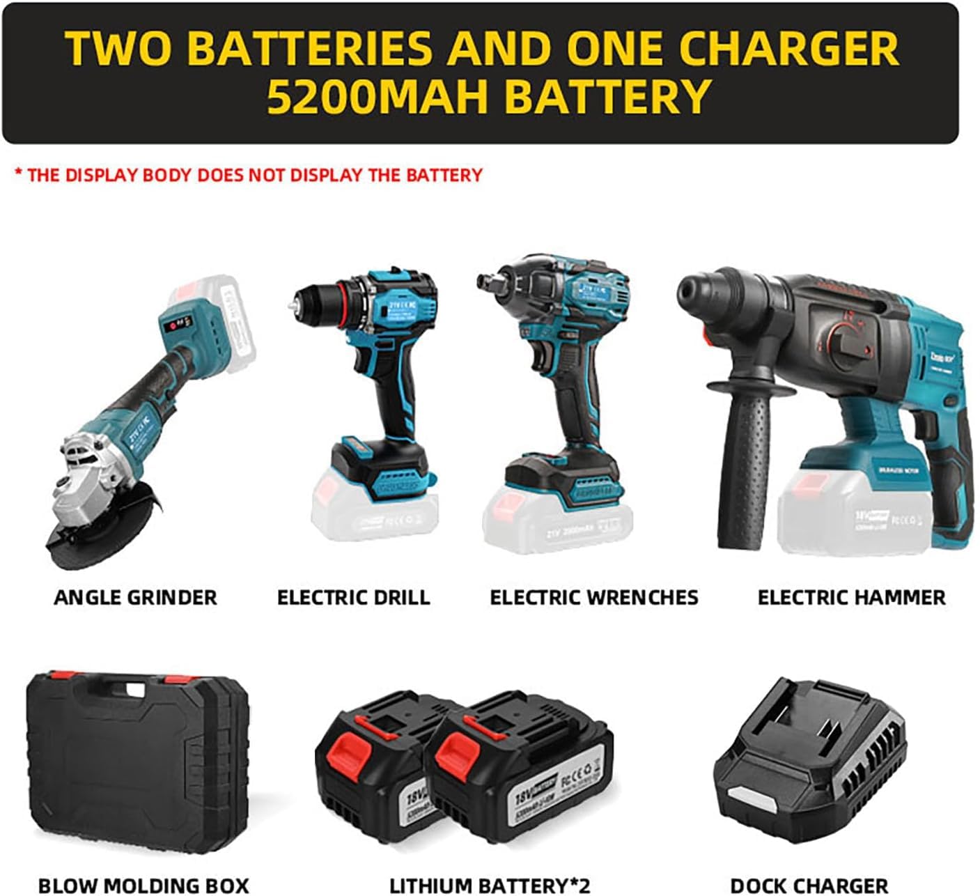 Kits de combinaison d'outils électriques sans fil, ensemble de machine sans brosse de 4 pièces, marteau électrique/broyeuse d'angle/clé d'impact/forage, avec batteries 2 * 5200mAh et chargeur