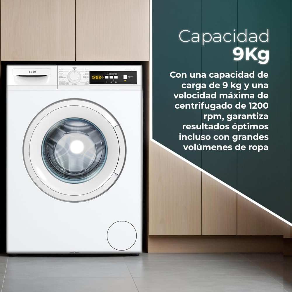 Svan Lavadora 9Kg Carga Frontal Blanco SL9120DID. 2200W, 1200rpm, Motor Inverter, 15 Programas, Función Stop&Go, Clase de Eficiencia Energética A
