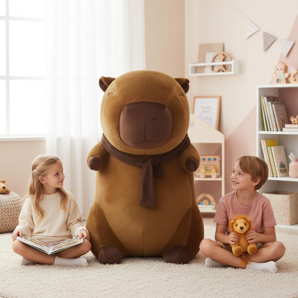 Capybara Peluche XXL 100 cm – Gran Peluche Suave Kapibara 3 en 1 cojín y decoración – Gigante para niños y Adultos (Capybara con Bufanda)