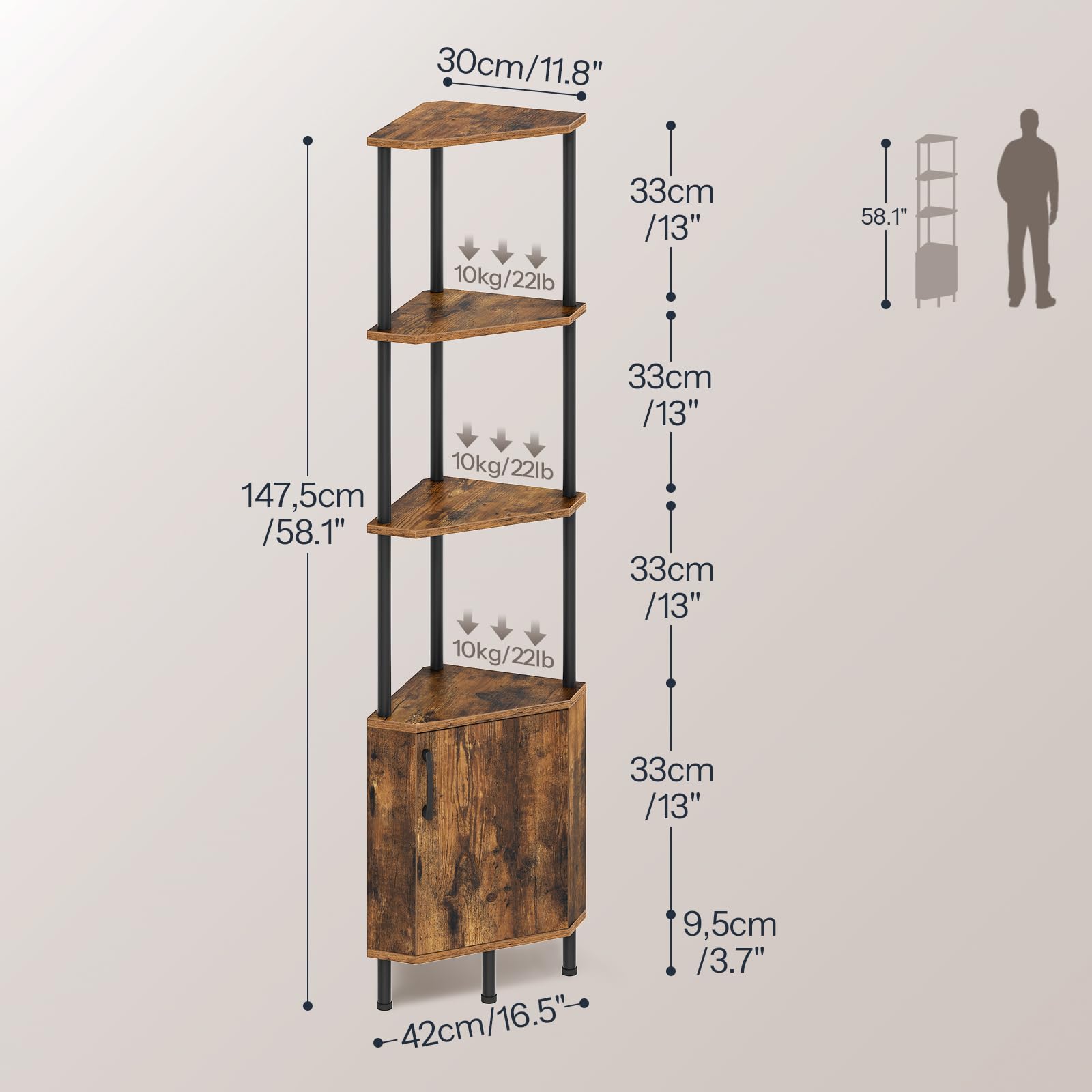 HOOBRO Libreria Verticale Angolare con LED e Mobile Contenitore, Scaffale Industriale da Esposizione, Pannelli a Motivo Diamante, per Soggiorno, Studio, Camera, Marrone Vintage e Nero EBF147DCJ01