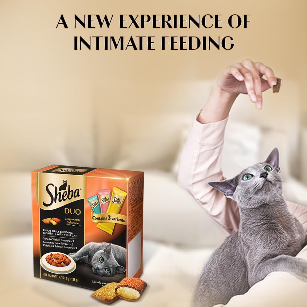 Sheba Duo Adult Crunchy Cat Treats, 135 g, Crispy Outside Soft Inside, Contains 3 Variants, Tuna & Chicken, Salmon & Tuna, Chicken & Salmon 4