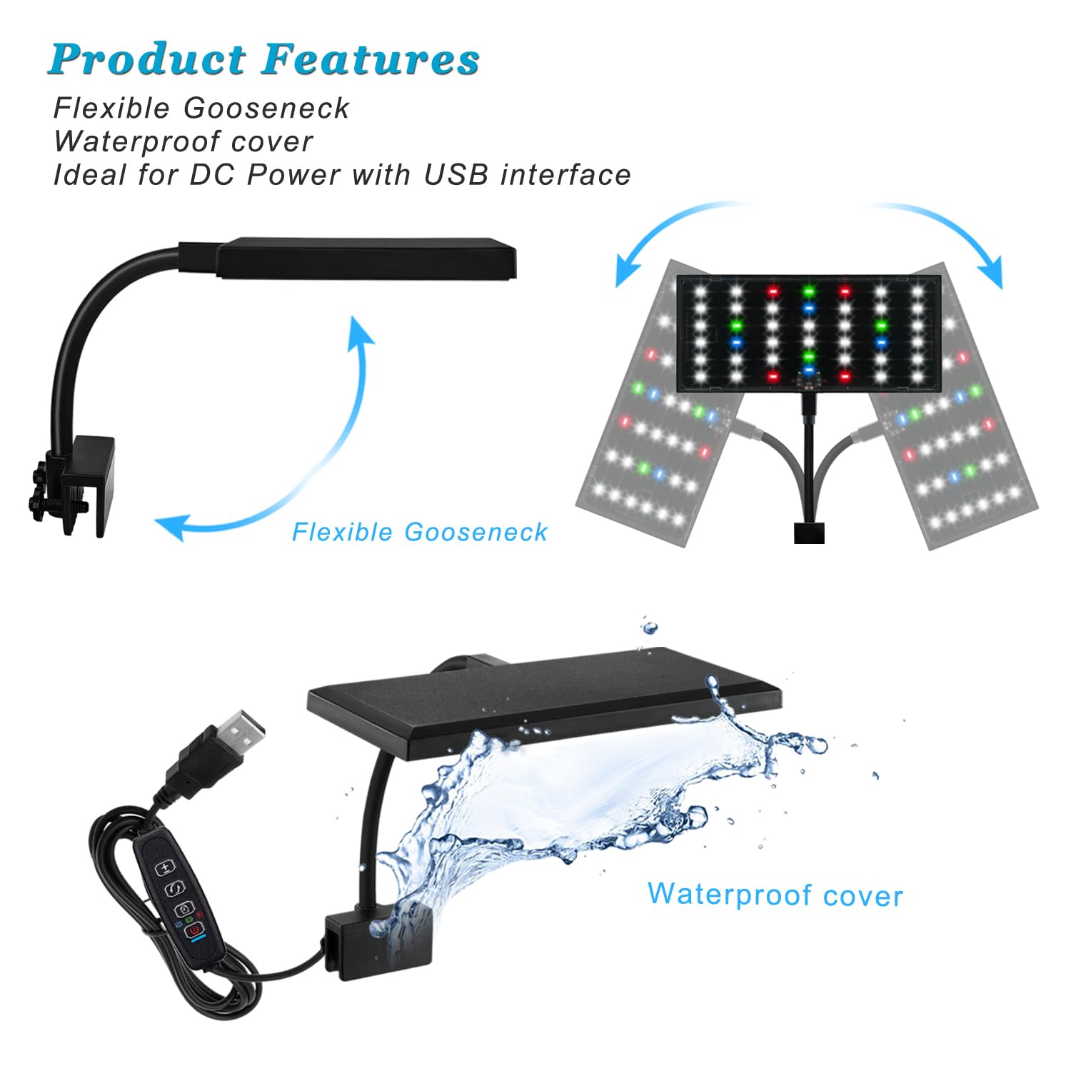 DOMICA Luz de acuario con clip con temporizador para acuario de 1,9 a 2,7 l (LED de espectro completo regulable), lámpara móvil USB para terrario abierto (adaptador no incluido)