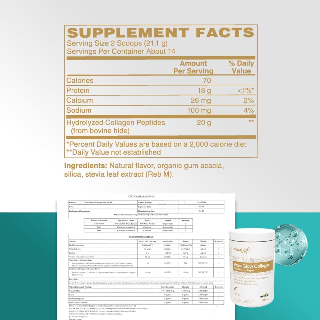 Collagen Peptides - Type I & III - Premium Hydrolyzed Collagen Powder - with Digestive Enzymes & Probiotics - High Dosis of Collagen & Protein - 14 Servings - BonaGlow Vanilla