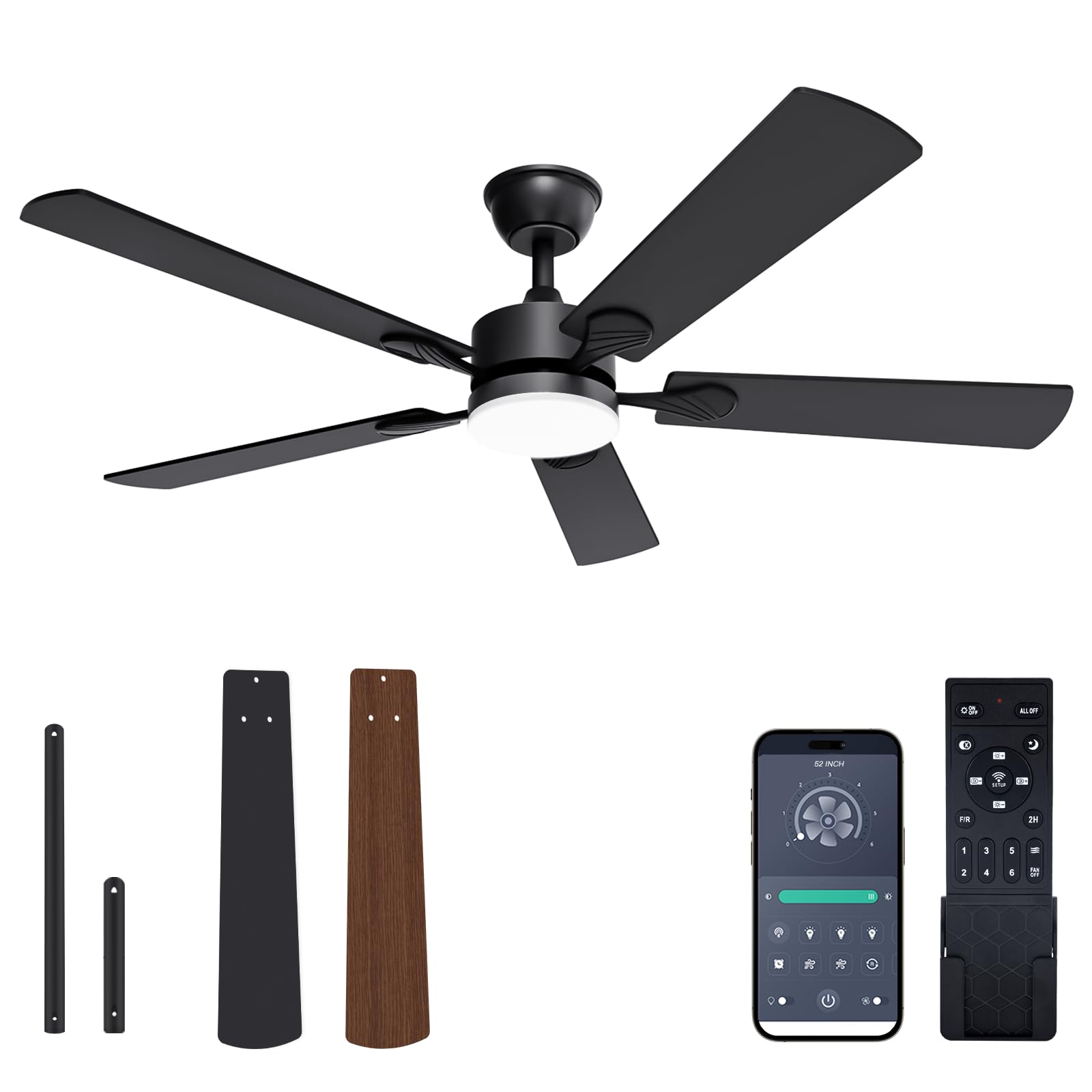 Photo 1 of VOLISUN Ceiling Fan with Light, 52 inch Flush Mount Ceiling Fan with Lights and Remote, Dimmable LED Fan Light, Low Profile Ceiling Fan, Black Modern Ceiling Fan for Bedroom, Indoor/Outdoor