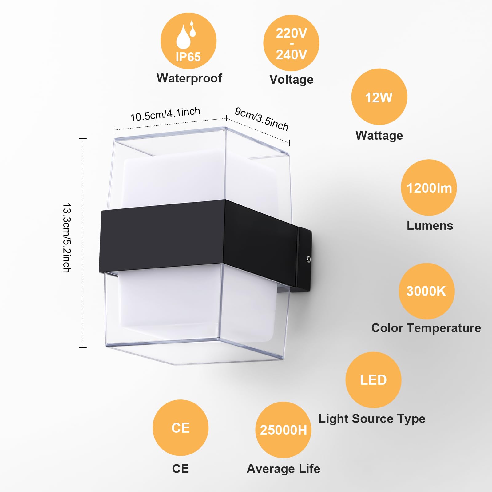 12W Applique da Parete LED Interno, IP65 Lampada da Esterno a Parete Moderna, 1200LM 3000K Up-and-Down Illuminazione, Luce Bagno da Muro per Soggiorno, Camera da Letto, Balcone, Nero 2 Pezzi