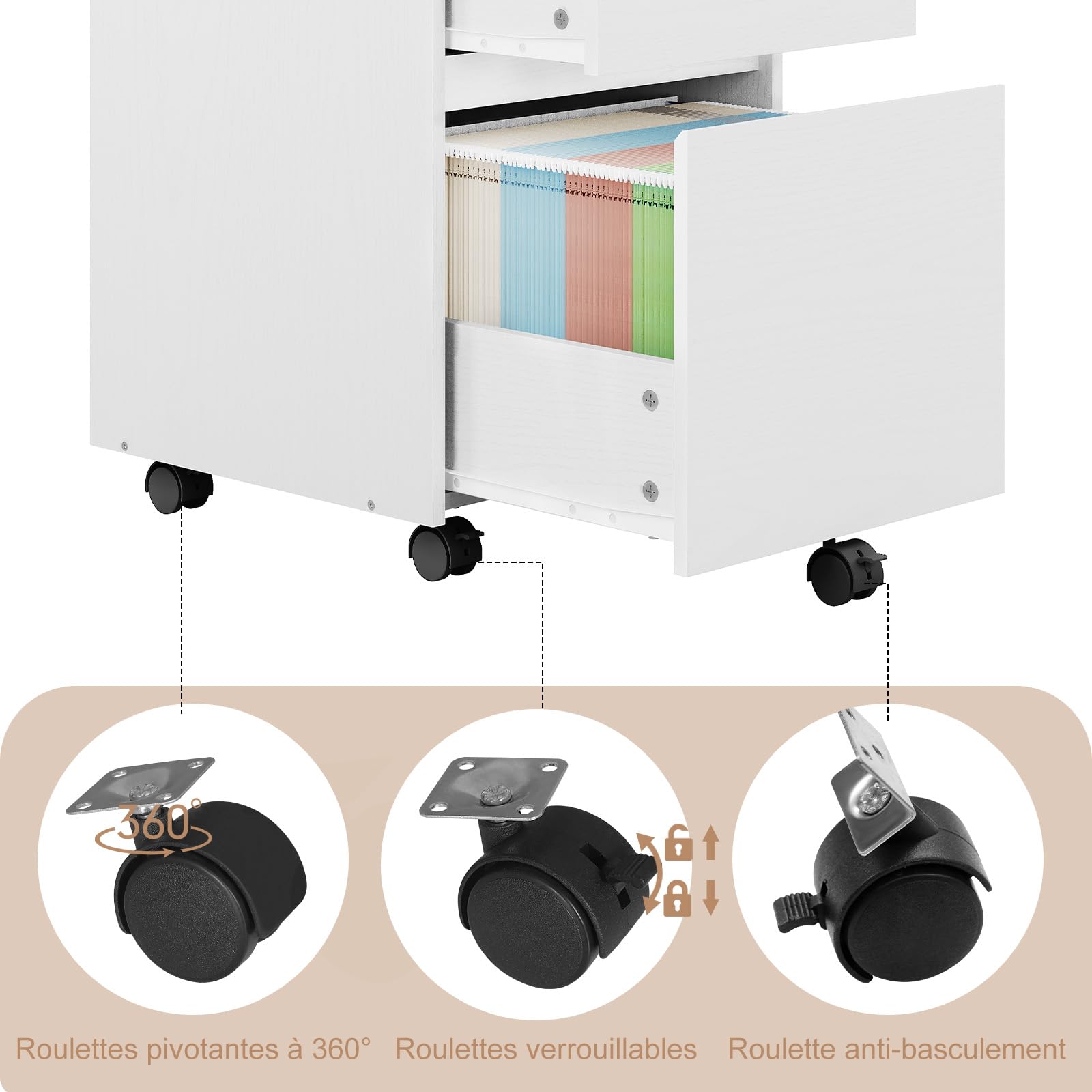 WOLTU Caisson de Bureau avec 2 Tiroirs, Armoire à Dossiers sur roulettes, Meuble de Rangement pour Documents A4, en Bois d'ingénieur PB, Blanc, 40x40x56cm,ASK11ws