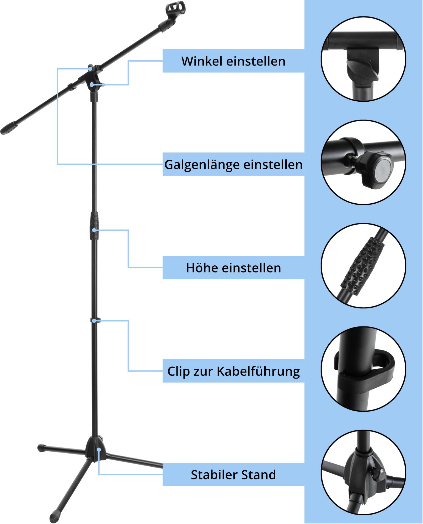 McGrey MBS-01 Support de microphone avec potence et pince - Pied de microphone (bras pivotant, hauteur réglable jusqu'à env. 154 cm, trépied, pinces de câble, longueur de la potence env. 75 cm) noir
