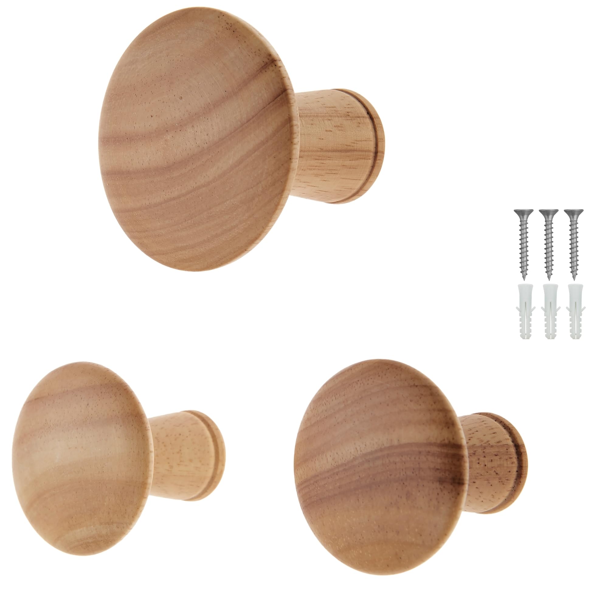 keypak Wooden Wall Hooks Wall-Mounted Coat Hooks Decorative - Set of 3 Round Wooden Hangers - Screw-in -50mm - Modern