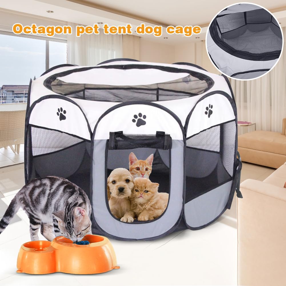 Recinto Cani da Interno, 74x74x43cm Recinto per Gatti, Box Pieghevole per Cane, Gabbia per Gatto Esterno, Box per Cucciolo Gattini Conigli, Grigio