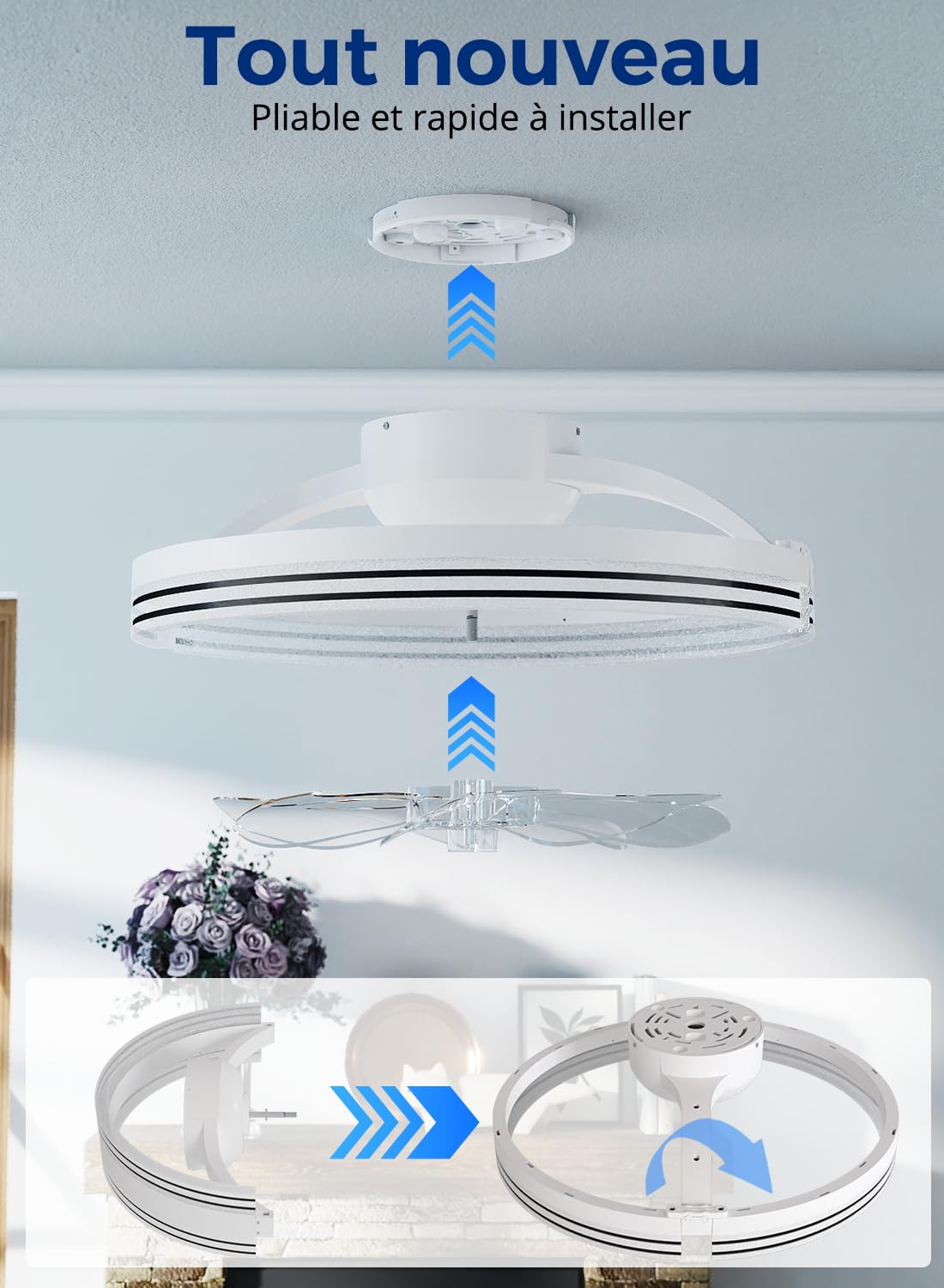 Ventilateur de Plafond 46cm avec Lumière LED, 6 Vitesses Réglables, Mode Réversible Avant/Arrière Dimmable 3000-6500K, Télécommande et Contrôle APP, Plafonnier LED Moderne pour Salon et Chambre, Blanc