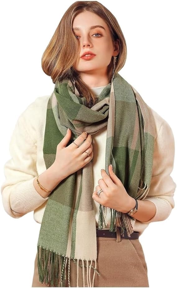 Winter Green Multicolor Long Warm Stoles Shawls Long Big Checked Scarves Woolen Women Casual Scarf Soft Wrap for Casual Formal Occassions- 200CM*70CM
