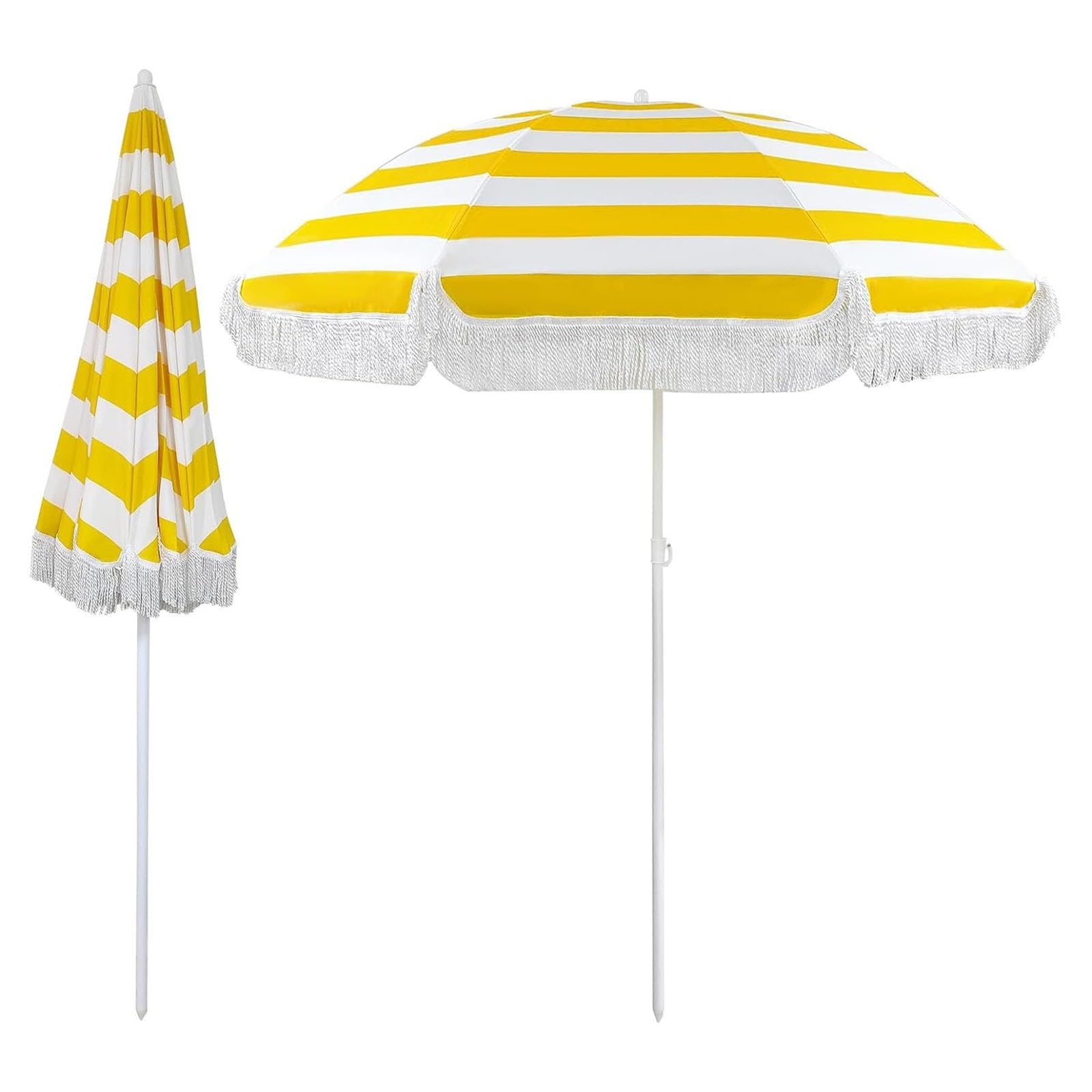 180 cm - Ombrellone da Campeggio Patio Esterno - Strisce Bianche e Gialle, Ombrellone da Spiaggia Vacanze inclinabile, UV 50+, Impermeabile, Antivento, per Giardino Piscina Cortile
