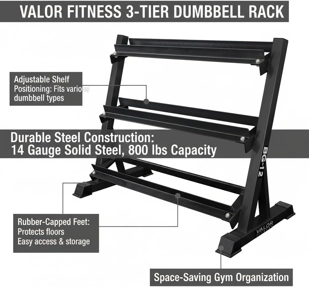 Valor Fitness 3 Tier Adjustable Dumbbell Rack - Heavy-Duty Weight Storage Shelves for Home Gym Organization and Strength Equipment