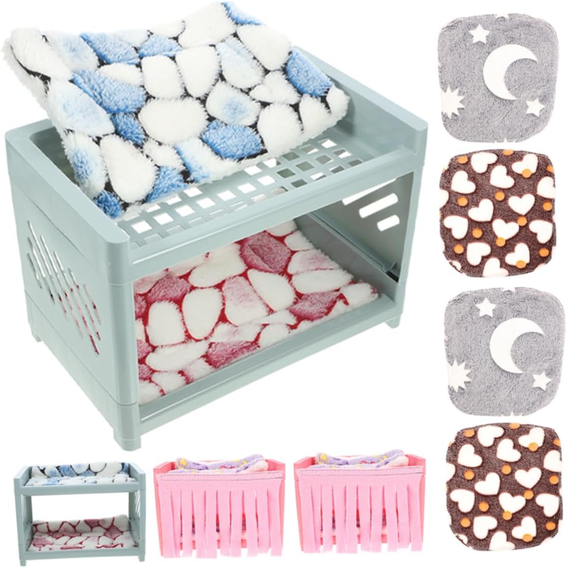 STOBAZA Guinea Pig Bed and Small Animal Bunk Bed Double-Layer Hideout Nest with Plush Mat and Blanket Set for Hamsters Chinchillas Indoor Cage Use Random Color