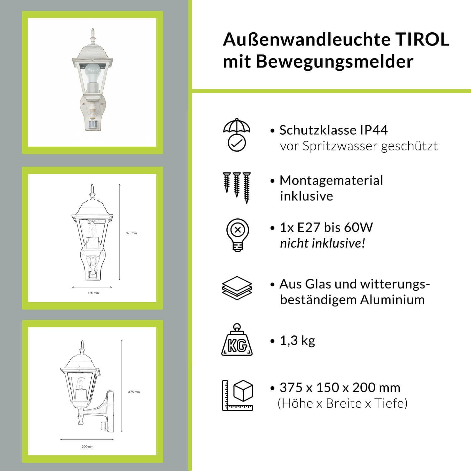 Licht-Erlebnisse Tirol Rustykalna lampa zewnętrzna z czujnikiem ruchu, styl dworkowy, E27, lampa ścienna na balkon