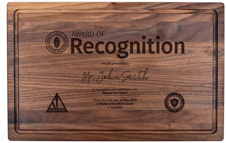 Award of Recognition-Wooden Cutting Board for Kitchen Juice Groove Natural Custom Engraved in USA, Teacher Boss Appreciation Graduation, Retirement Thank You (Walnut 11x17)