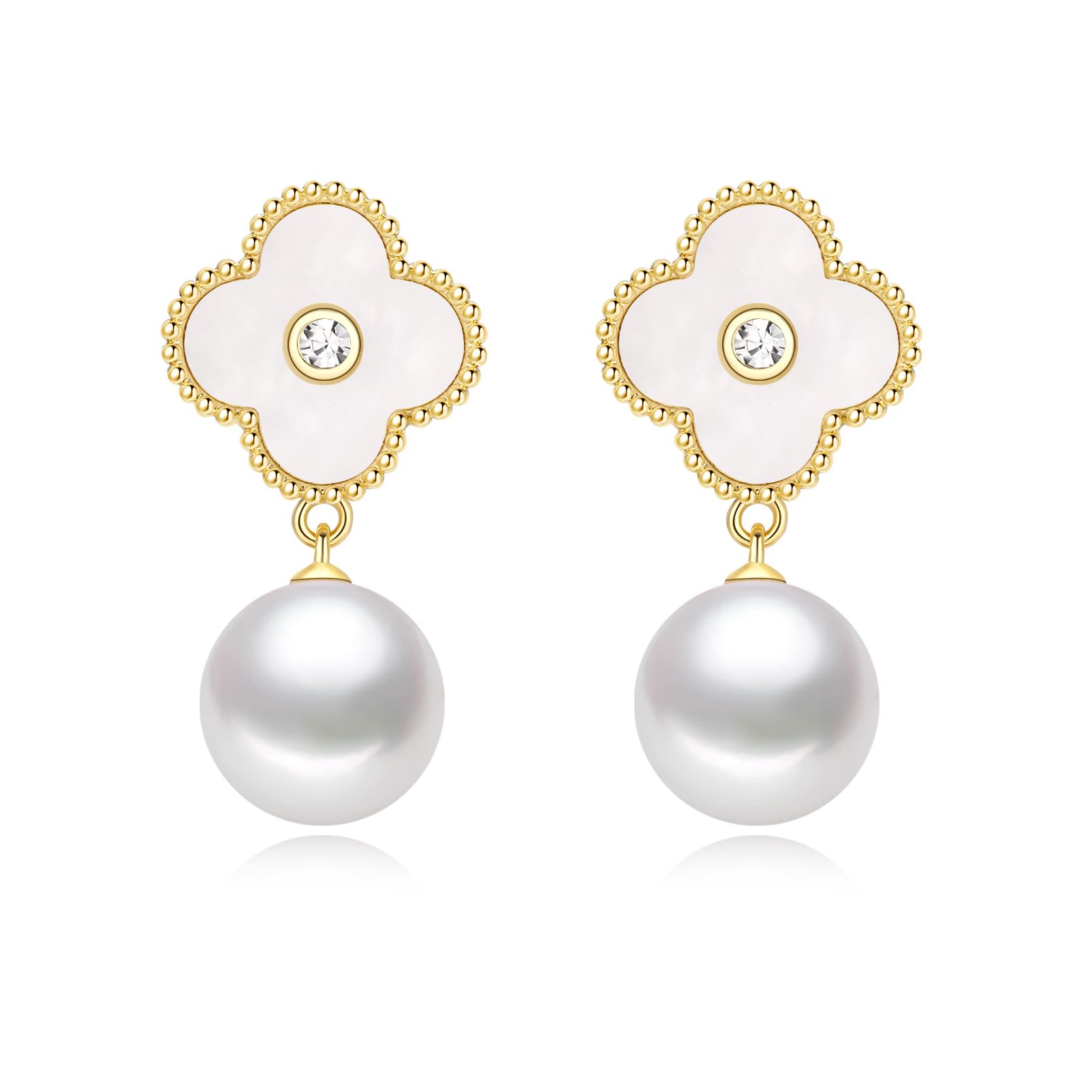 Stud Earrings Gold Plated 14K, Stud Earrings for Women Hypoallergenic, 4 Leaf Clover Pearl Earrings, Suitable Daily Wear and as Mother's Day, Birthday (Gift box Packaging)