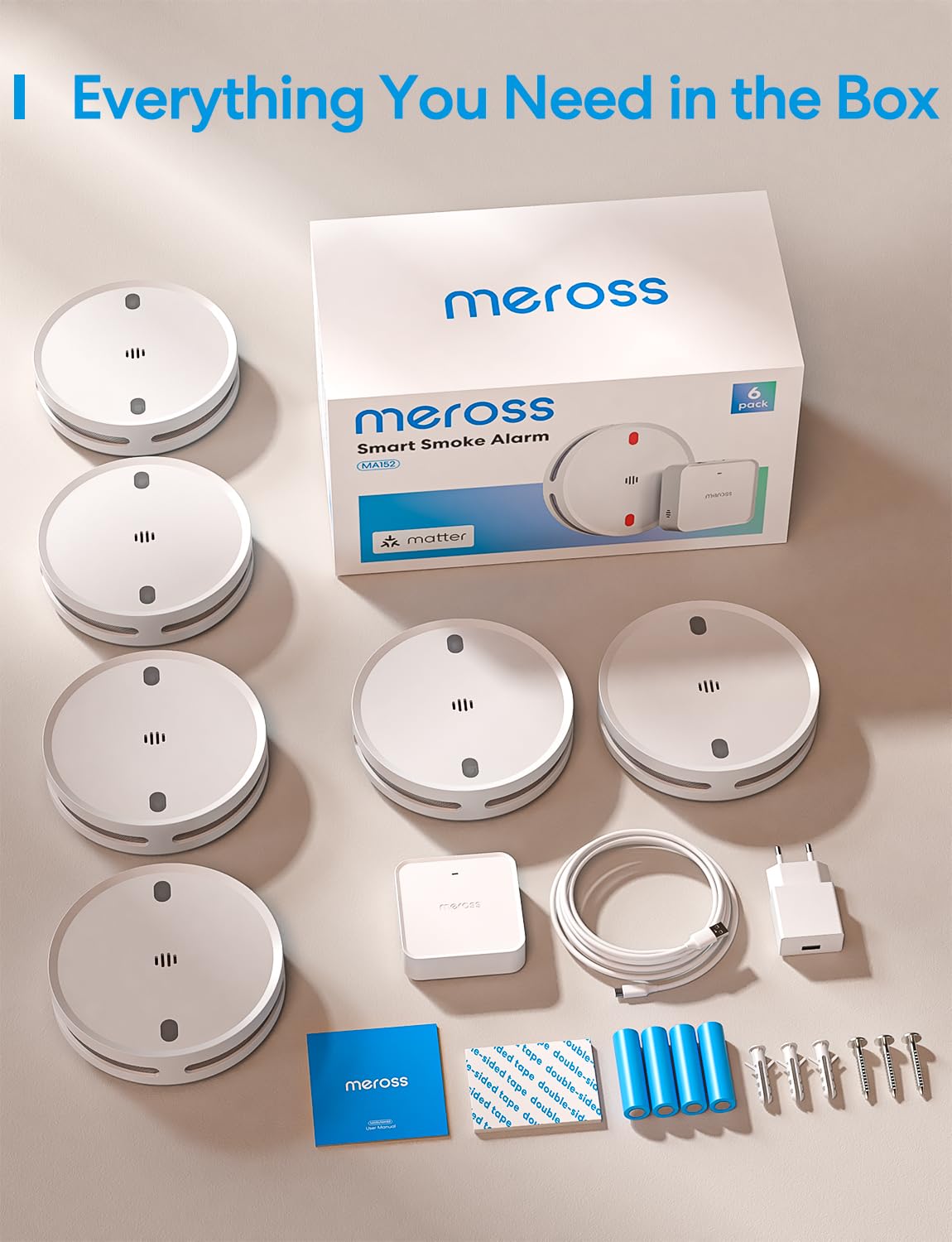Meross Matter czujnik dymu WiFi z hubem MSH450, alarm