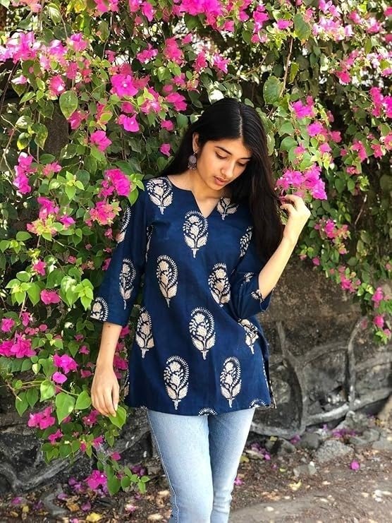 Image of Women's Short Kurti in Multicolor Rayon Cotton Blend | Ladies Ethnic Tunic | Office