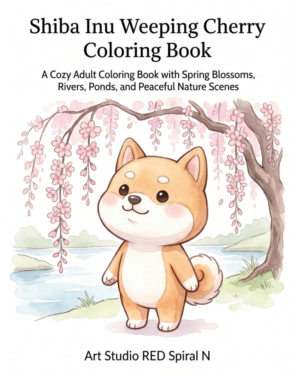 Shiba Inu Weeping Cherry Coloring Book: A Cozy Adult Coloring Book with Spring Blossoms, Rivers, Ponds, and Peaceful Nature Scenes