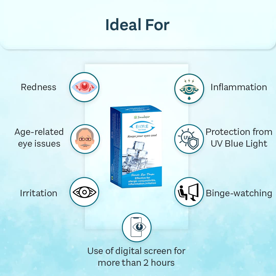 Jiwadaya Entyce - Rose Water Based Cooling Eye Drops - Ayurvedic & Herbal - For Dry Eyes, Redness, Irritation, CVS, Eye Pain - 10ml - Set of 2 Jiwadaya Entyce - Rose Water Based Cooling Eye Drops - Ayurvedic & Herbal - For Dry Eyes, Redness, Irritation, CVS, Eye Pain - 10ml - Set of 2