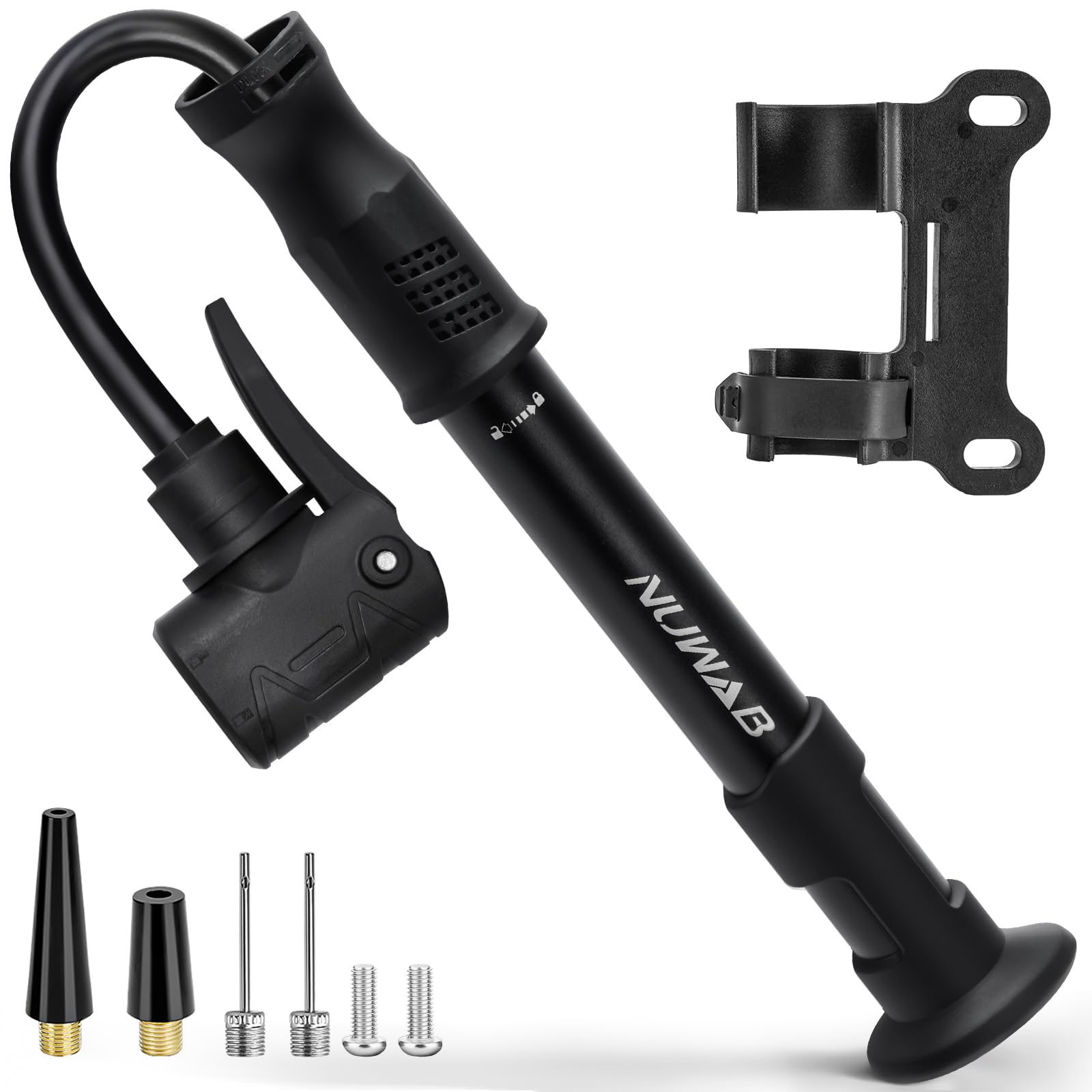 NUWAB Mini Bike Pump, 10 Inch Portable Hand Bicycle Pump, 100PSI, Support Shrader and Presta, Fast Air Out Ball Pump, Work with All Bikes and Balls, Swimming Ring, Come with Ball Needles, Nozzles