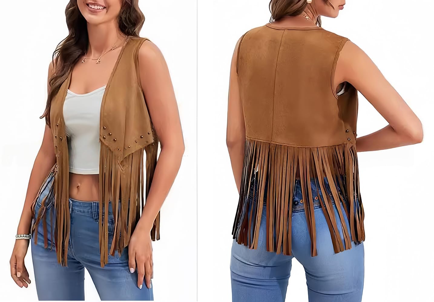 QCHOMEE Women Sleeveless Short Jackets Cowboy Hat Outfits Set Ladies Retro Western Cowgirl Hippie Costume Vest with Tassel Faux Suede Cowboy Hat Fringe Vest Fancy Dress Costume Set Brown - Image 2