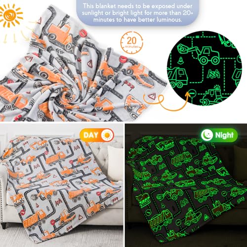Image of Glow in The Dark Truck Blanket- Kids Boys Construction Excavator Truck Toys for Toddlers Age 1 2 3 4 5 6 7 8 9 10 Years Old Teen Birthday Christmas Valentine's Easter Gifts Car Plush Throw 50 inchx 60 inch